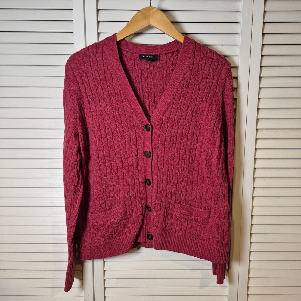 Lands' End Cardigan Sweater L Red Cable Knit Button‎ Front Pockets Academia